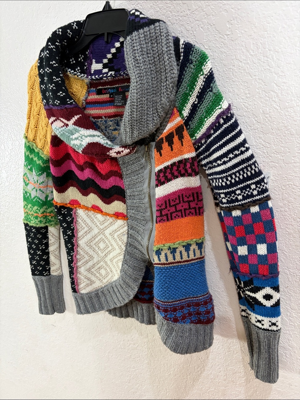 Desigual Multicolor Patchwork Zip-Up Sweater with Gray Trim,Size M. - Picture 6 of 17